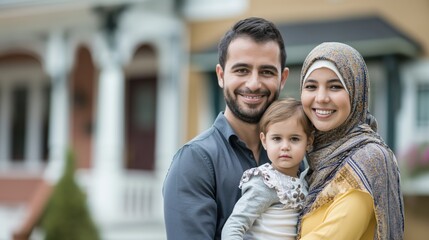 Happy muslim family portrait in front of their suburban home.