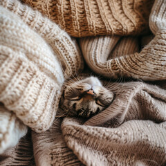 Obraz premium Photo of a cat buried in a pile of sweaters, only the animal's nose is visible, the concept of seasonality, domesticity and care, the cat's face inside a stack of knitted clothes