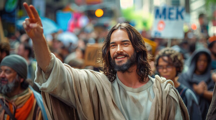 Fototapeta premium Jesus Christ Leading Protest in the Streets, Modern Depictions of Jesus, Inspirational Imagery, Contemporary Religious Art, Jesus in Today's World, Uplifting Messages, Spiritual Guidance, Faith and Ho