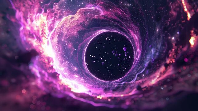 The edge of the black hole glows with a bright purple light as particles are catapulted outwards defying the laws of physics.