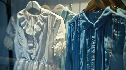 Blue long sleeved women s shirt white blouses and a dress hanging