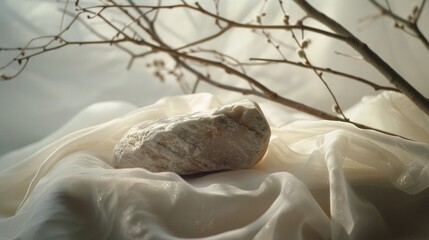 Obraz premium Softly Lit Scene with a Rock on Fabric and Delicate Branch Behind