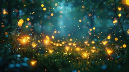 Obraz premium Golden butterflies emit light in a magical forest at night, creating an enchanting scene with glowing bokeh lights.