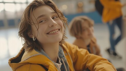 A teenage boy with a carefree smile, wearing casual clothes, in a school environment with friends in the background.