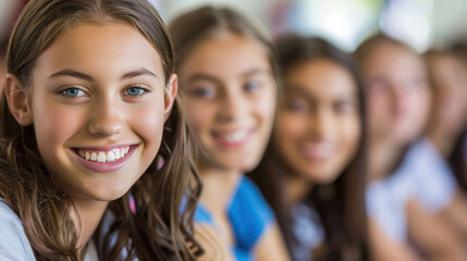Obraz premium A teenage girl with a bright smile in focus, her friends blurred in the background, creating a warm and friendly atmosphere.