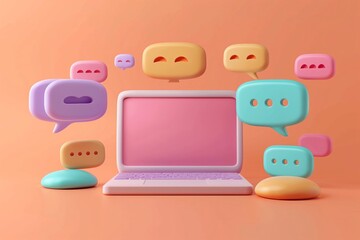 Pink Laptop with Speech Bubbles.  A pink laptop computer sits on a light pink background..
