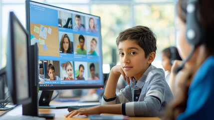 A young boy sits at a desk in a classroom setting, intently focused on a computer screen displaying a grid of video feeds, participating in a virtual learning experience