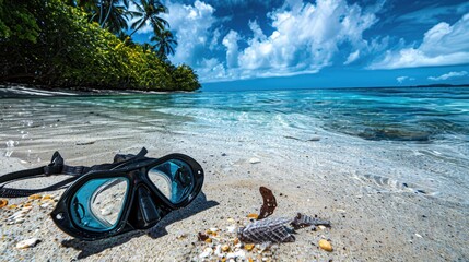 A pair of scuba diving goggles lay on the sandy beach, with azure waters and blue skies creating a picturesque natural landscape. Vision care eyewear for underwater adventures AIG50