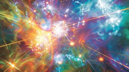 Fototapeta premium An artistic depiction of the universality of leptons with different types of leptons represented as different colors of light all connected by a single beam.