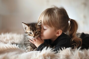 ベッドで寝転ぶ女の子と子猫