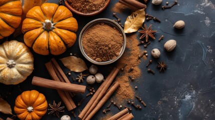 A collection of autumn spices like cinnamon and nutmeg, along with mini pumpkins, arranged on a dark background for a cozy seasonal setting. © tashechka