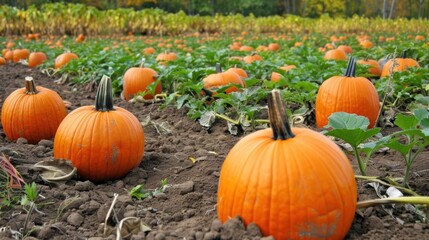 Obraz premium A vibrant pumpkin patch in a field, showcasing rows of ripe pumpkins ready for harvest under the autumn sky.