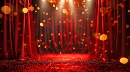 Red curtains with golden bokeh lights, creating a glamorous and theatrical scene perfect for events and performances.