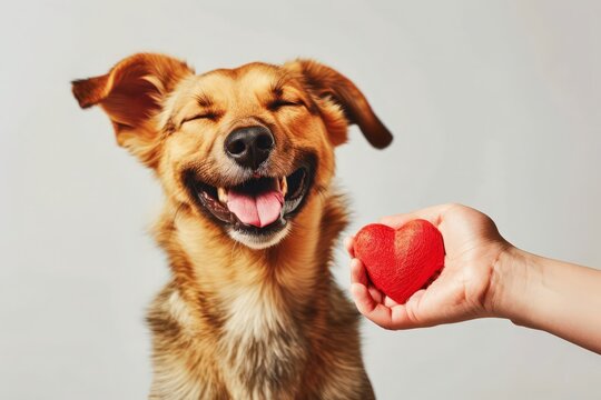 Blood donation for pets. Dog and red heart in human hand for dog smiling. Conceptual image of emergency help for animals, veterinary medicine, blood transfusion, animal rescue, pet insurance