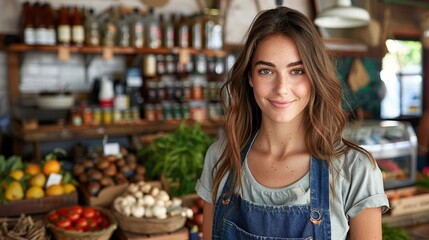 Obraz premium Young woman smiles pleasantly in front of her well-stocked grocery shop, wearing a denim apron