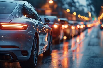 Silver Sedan Parked in City Street at Night With Street Lights