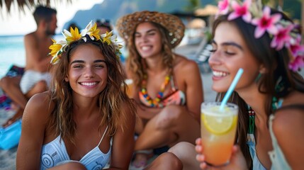 Cheerful woman with friends smiling and sipping drinks on a tropical beach vacation