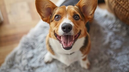 An engaging image of a happy corgi with its tongue out, smiling at the camera from an indoor, cozy environment
