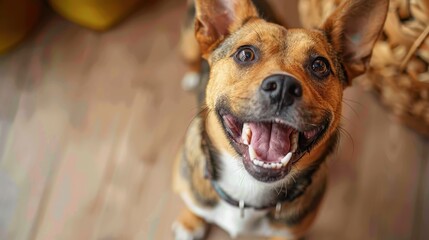 Obraz premium A cheerful mixed breed dog looking at the camera with mouth open and captivating eyes in a warm-toned setting