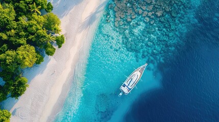 A boat navigating the azure waters near a coastal beach, surrounded by natural landscapes and oceanic landforms. Trees and vehicles visible on the shoreline AIG50