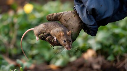 A gloved hand carefully holding a brown mouse outdoors with natural background