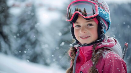 A smiling girl in ski attire with snow-covered goggles against a wintry background