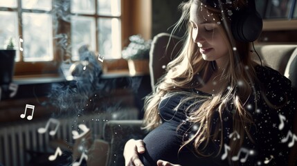 Fototapeta premium A pregnant woman wears headphones and happily plays music to her unborn child.