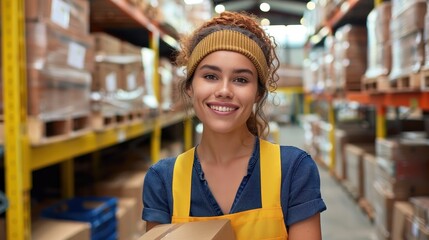 Happy warehouse worker with package, displaying a positive and friendly demeanor in a logistics environment