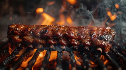 A close-up of delicious barbecue ribs sizzling on a smoky grill, perfect for a summer cookout or BBQ party.