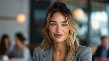 Young, attractive businesswoman sporting a casual sweater and a friendly smile in an office setting