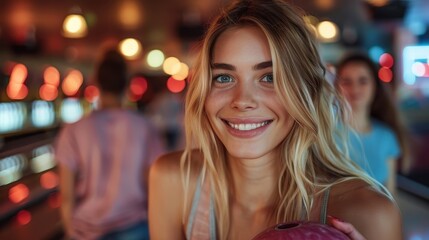 Young woman smiling at camera in bowling alley with friends in background, showcasing enjoyment and socializing