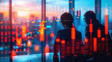 Business professionals analyzing data with a cityscape view at sunset, featuring digital charts and graphs overlaying the scene.