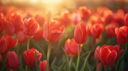 Red tulips bathed in sunlight bloom in a vast field, creating a stunning and vibrant display of spring beauty.