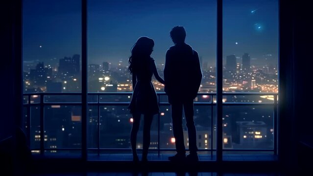 Starry night view through window with anime couple silhouette. Romantic evening animation background
