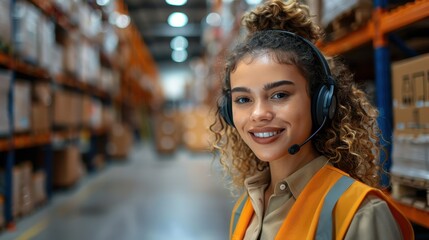 A professional young woman with a headset poses in the aisle of a warehouse, representing customer support