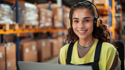 Smiling woman in high visibility vest using a laptop in a warehouse environment for logistics