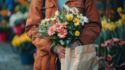 An image featuring an individual holding a fresh springtime flower bouquet in a paper bag