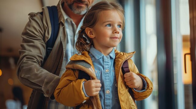 A caring father in casual clothes guides his daughter through a modern, indoor space - Powered by Adobe