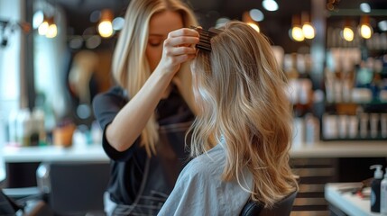 A stylist arranges a beautiful hairstyle for a female client at a well-equipped professional beauty salon