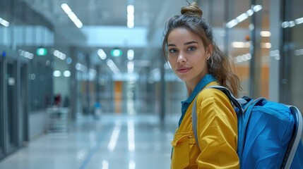 Attractive young woman with a blue backpack wearing a yellow jacket in a modern indoor setting