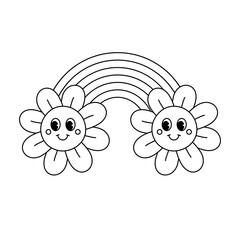 Vector groovy retro cartoon outline lgbtq rainbow with flowers isolated on white background
