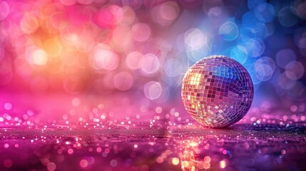 A sparkling disco ball on a vibrant background with colorful bokeh lights, creating a festive and lively atmosphere.