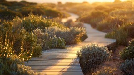 A wooden pathway winding through desert plants, bathed in warm sunlight, capturing the beauty of a serene natural landscape.