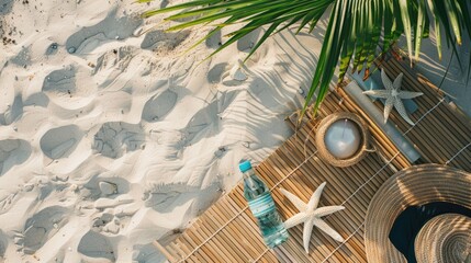 A wooden table adorned with a hat, water bottle, starfish, palm leaves, and shells, creating a natural and botanical design inspired by plant life and nature AIG50
