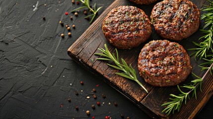 BBQ beef meat burgers on wooden board with herbs black background top view