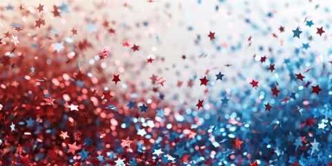 Red And Blue Star Confetti Falling On Fourth Of July. Generative AI
