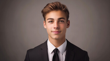 A young businessperson in a well-fitted suit, crisp white shirt, and tasteful tie stands confidently against a neutral background. Soft lighting highlights their composed, approachable expression, mak