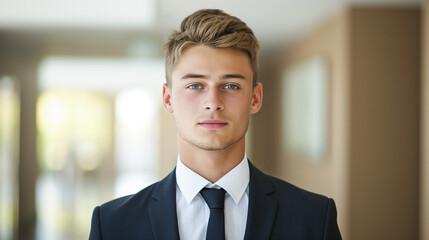 Fototapeta premium A young businessperson in a well-fitted suit, crisp white shirt, and tasteful tie stands confidently against a neutral background. Soft lighting highlights their composed, approachable expression, mak