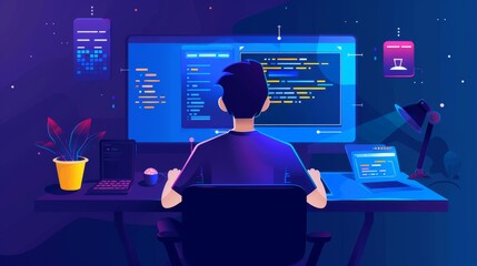 Web development. programming languages. css, html, it, ui. programmer cartoon character developing website, coding. flat illustration banner