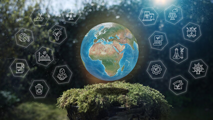 Earth Africa Global Ecological Green Energy Icons Hexagon Concept Mos on Tree stump Nature Background